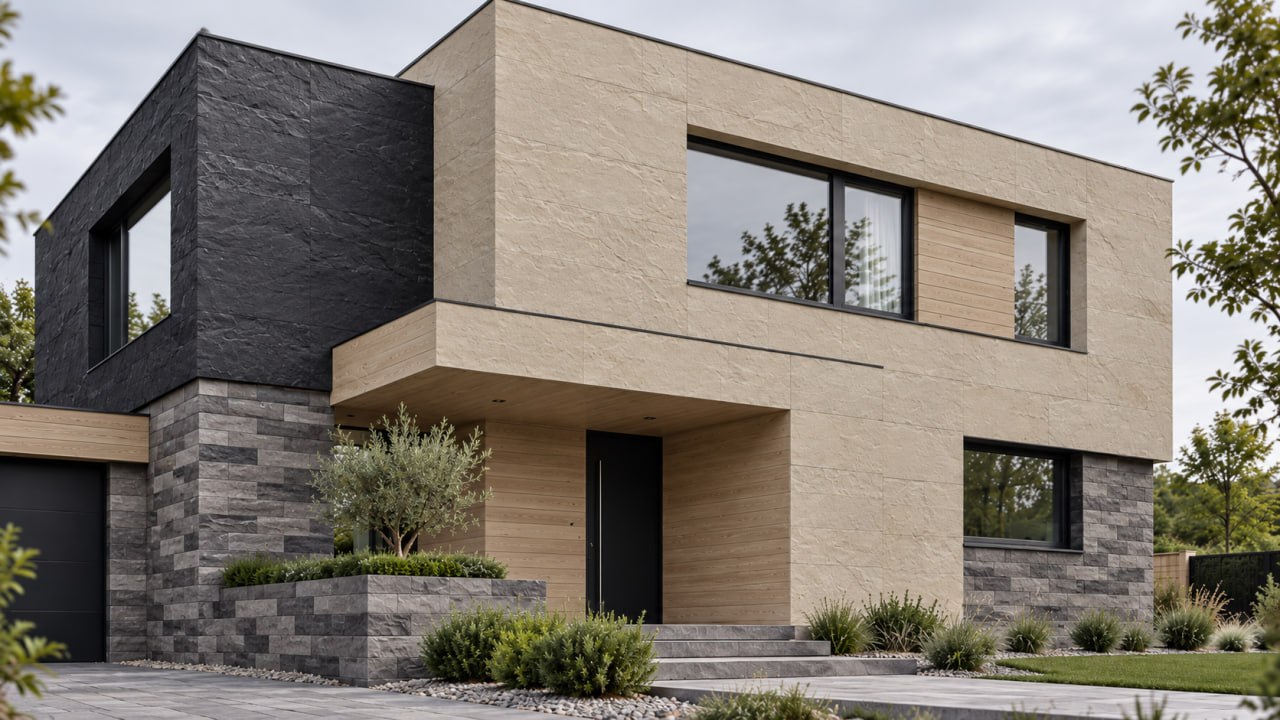 Modern house with a facade of four textures: beige stone, dark slate, a grey brick plinth and a wood-clad entrance recess