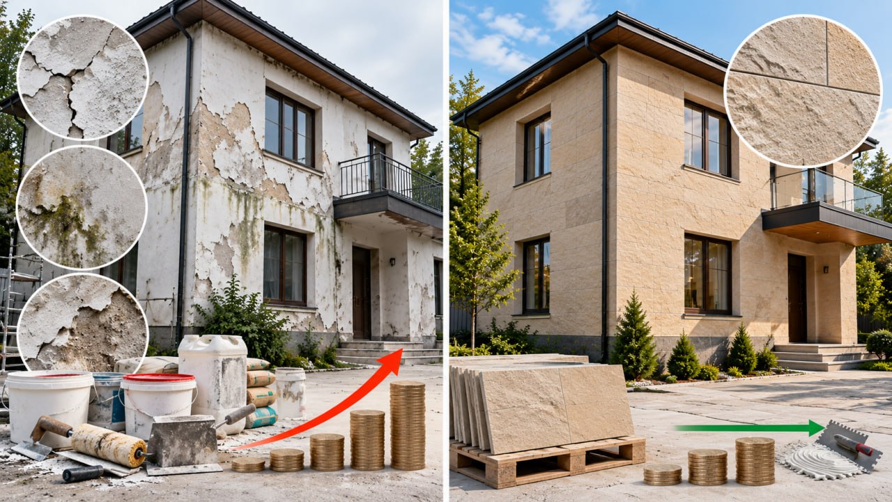 House before and after: peeling plaster and rising costs on the left, flexible tile and a smooth facade on the right