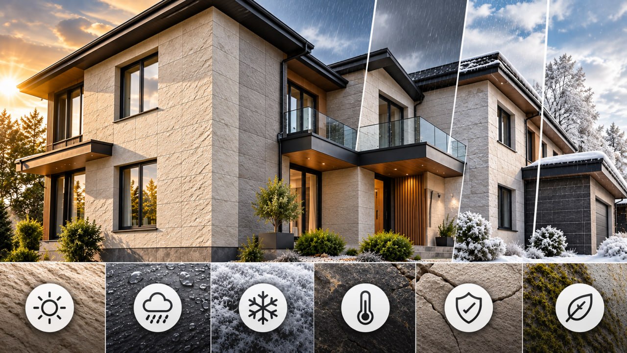 House in light flexible stone across four seasons: sun, rain, snow and frost, with facade wear-factor icons beneath