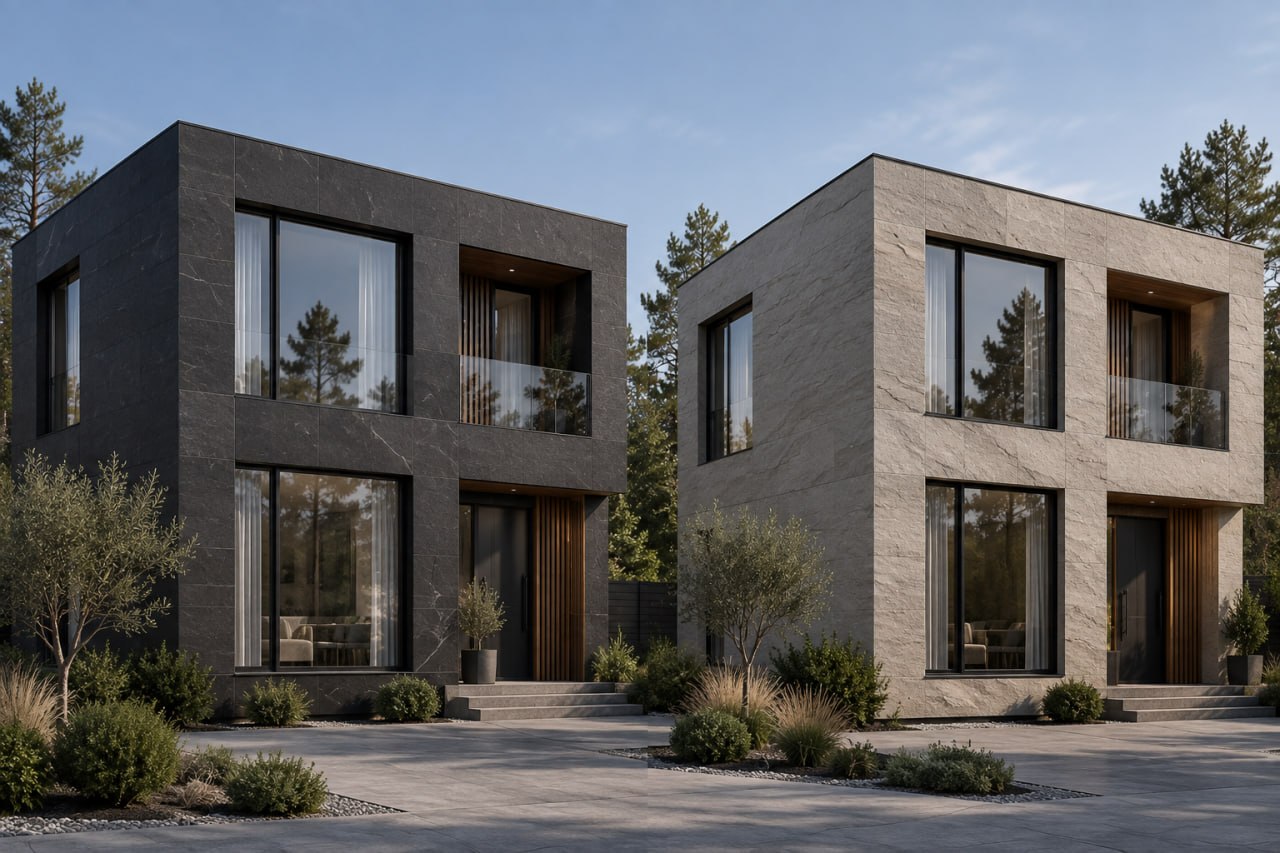 Two cube-shaped villas among pines: one clad in dark flexible stone, the other in light flexible stone with a stone texture