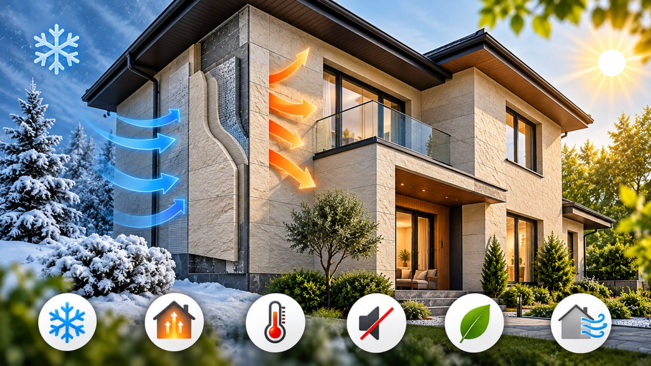 House in light stone with a wall cutaway: insulation layers, blue cold arrows outside and orange heat arrows inside