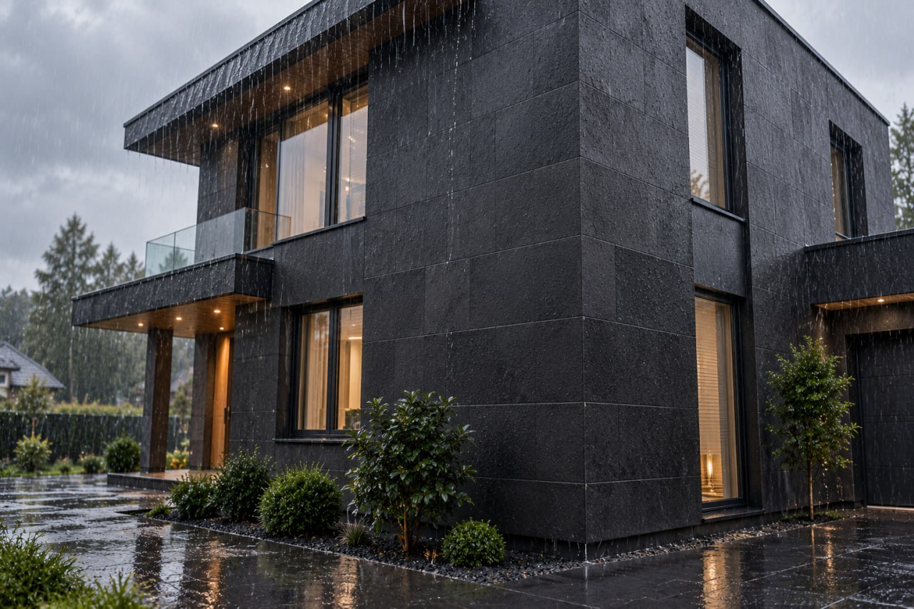 Dark modern house with a flexible stone facade in heavy rain, water streaming down the walls and the glass balustrade