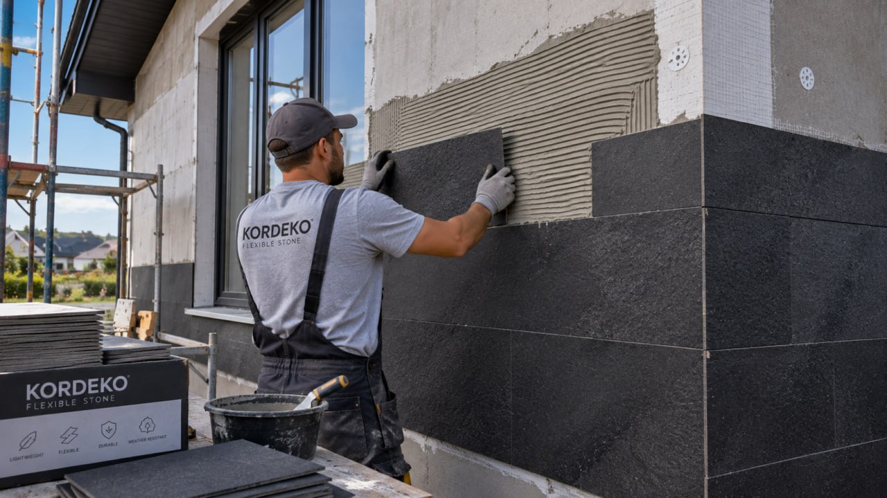 KORDEKO installer pressing an anthracite flexible tile onto combed adhesive, next to a stack of tiles and a KORDEKO box