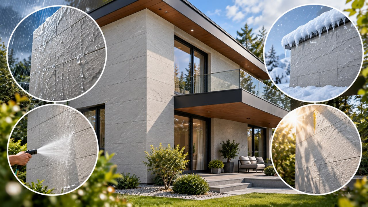 House with light flexible stone and four round insets: rain on the wall, snow on the eaves, hose washing and sunshine