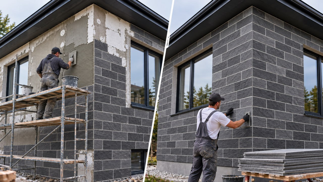 Dark grey flexible tile on a house corner: laid over the mesh from scaffolding, then the finished corner and a stack of tiles