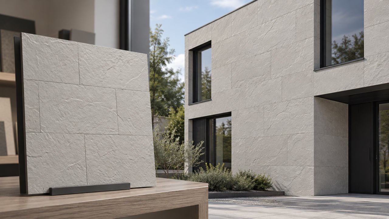 Light stone tile sample on a table beside the same texture on the facade of a modern house with dark windows