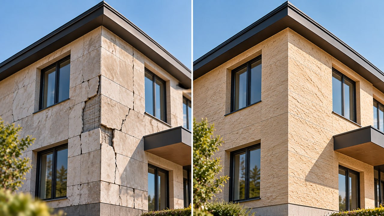 House corner before and after: cracked heavy stone cladding on the left, even beige flexible stone on the right