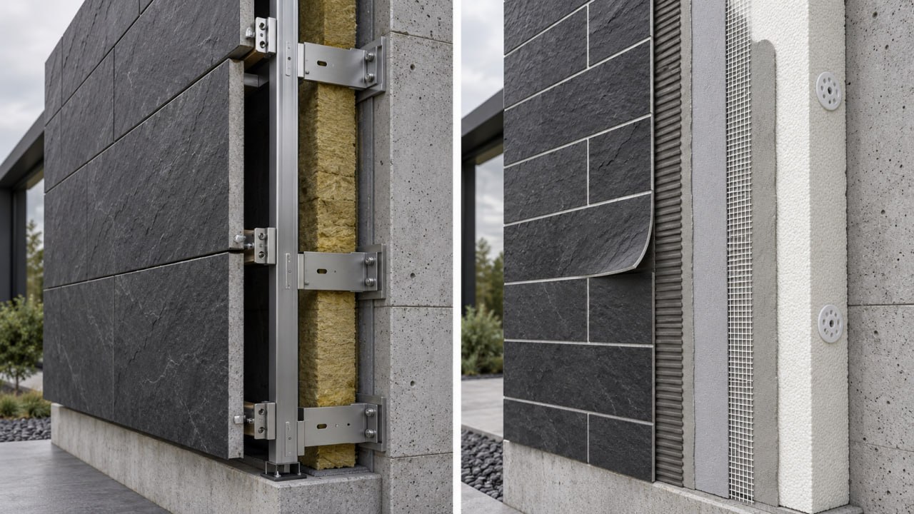 Two facade sections: heavy stone slabs on a metal frame and slate-look flexible tile bonded over insulation