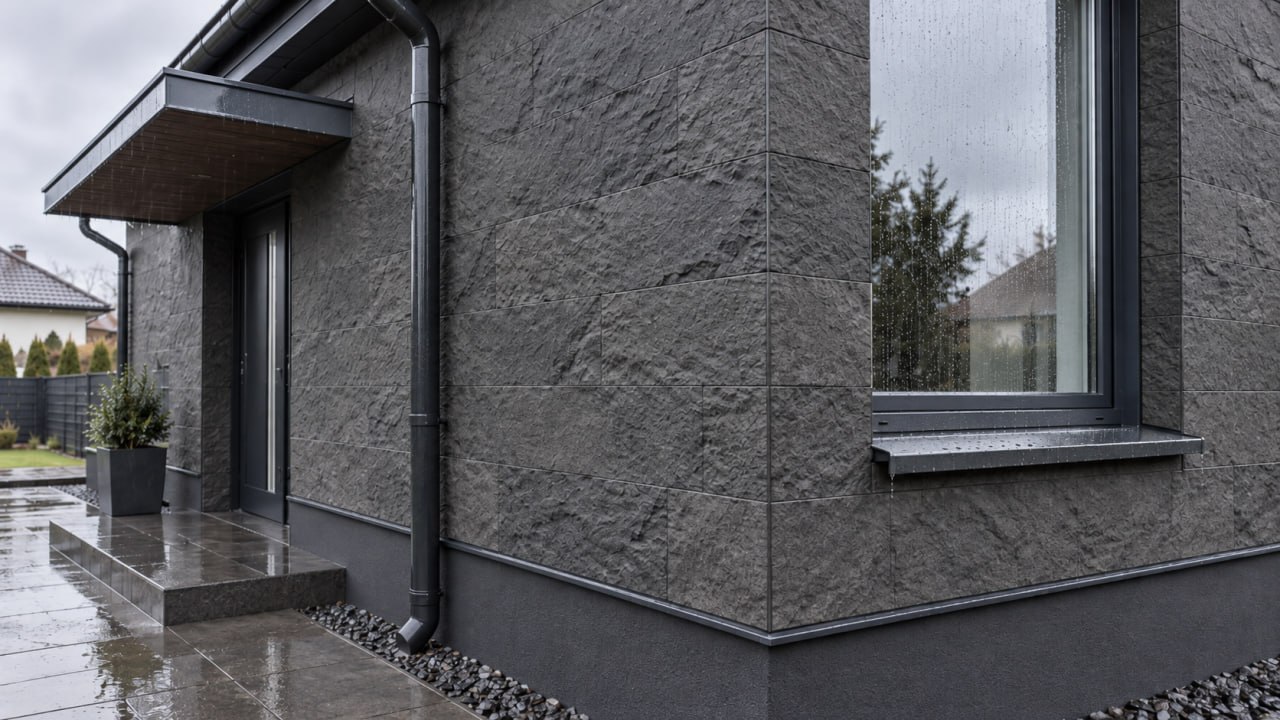 Anthracite flexible stone facade in the rain, with a metal sill under the window, a canopy over the entrance and a downpipe