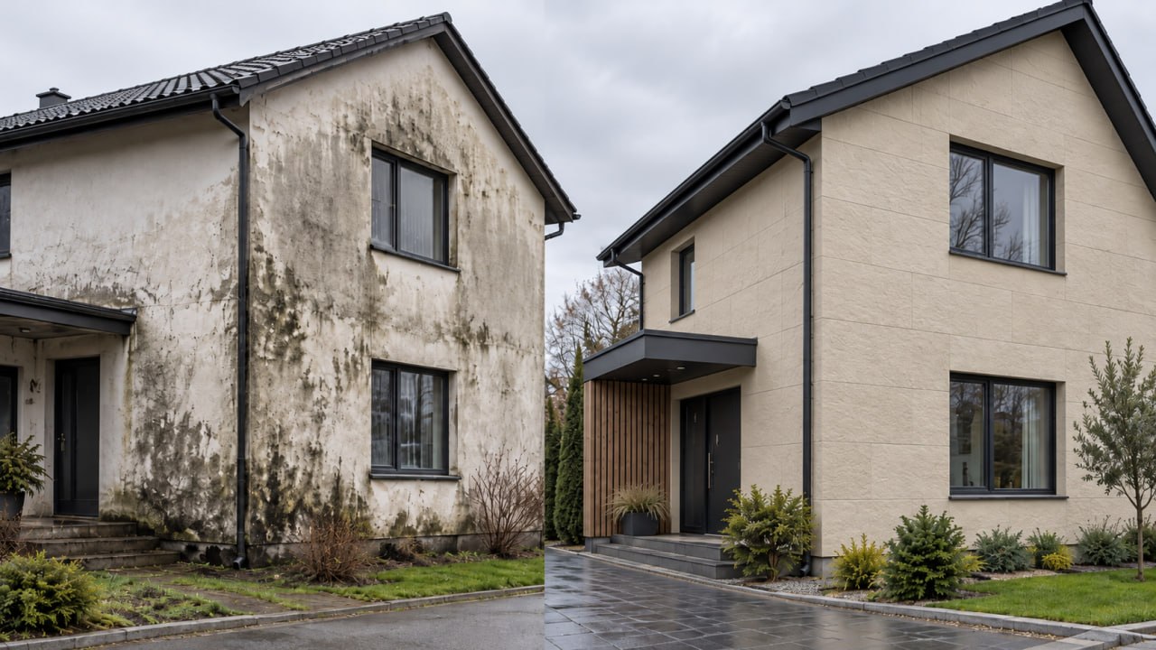 The same house: grey stained plaster on the left, a clean beige facade in flexible tile on the right