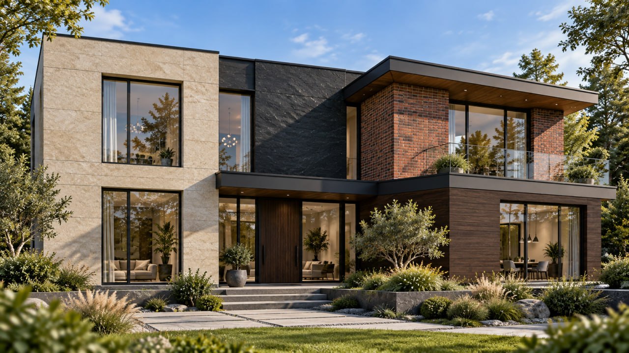 Modern house with four facade textures: beige stone, dark slate, red brick and dark wood around large windows