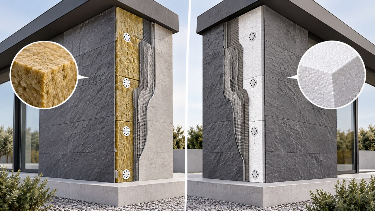 Two house corners in dark flexible stone in section: mineral wool on the left, polystyrene on the right, with mesh