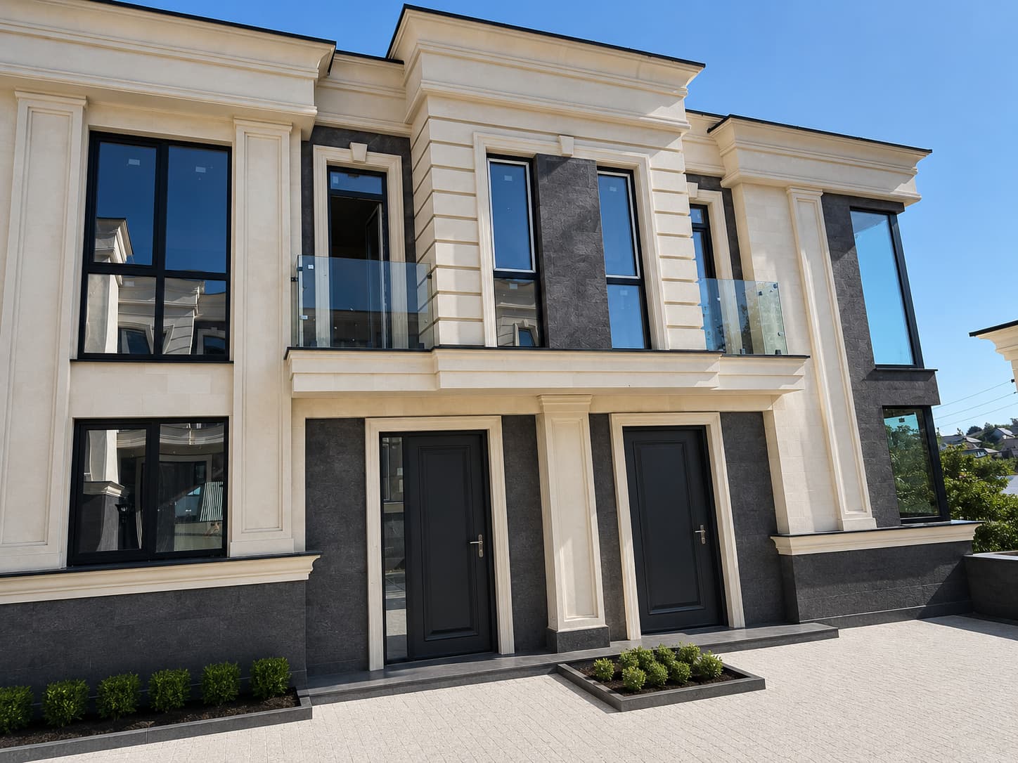 Two entrances with anthracite doors under a cornice, glass balustrade upstairs and beige pilasters